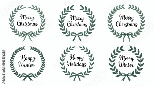 Six watercolor wreaths display festive greetings like merry christmas and happy winter adorned with delicate bows and foliage high quality professional detailed modern elegant stylish clean