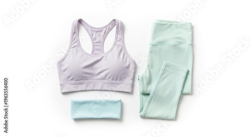 Yoga clothing set with sports bra and leggings and headband on white