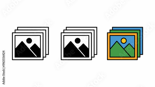 A set of three icon variations depicts stacked images with a mountain and sun motif showcasing different color schemes high quality professional detailed modern elegant stylish