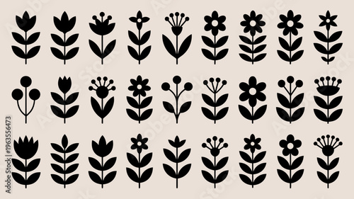 A collection of minimalist black floral silhouettes are arranged in rows on a light beige background showcasing various flower designs high quality professional detailed modern elegant