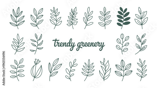 A collection of delicate hand drawn green leaves and sprigs are arranged across a white background with handwritten text high quality professional detailed modern elegant stylish