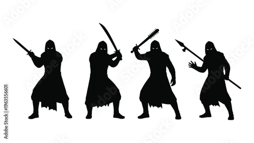 Silhouettes of four warriors with swords in various poses