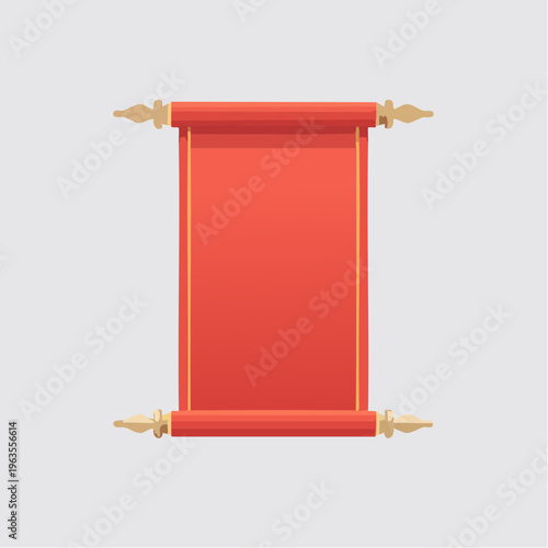 A red scroll with ornate golden finials, unrolling with blank space for text or design.chinese background, golden finial