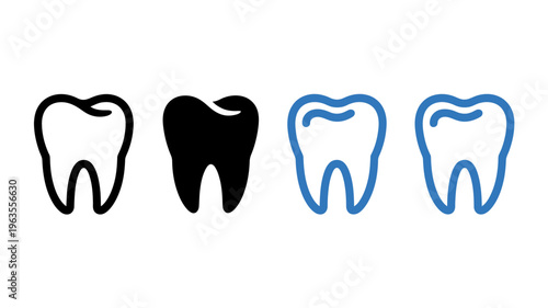 A set of four tooth icons are displayed progressing from an outline to solid black then to a blue outline and finally a filled blue