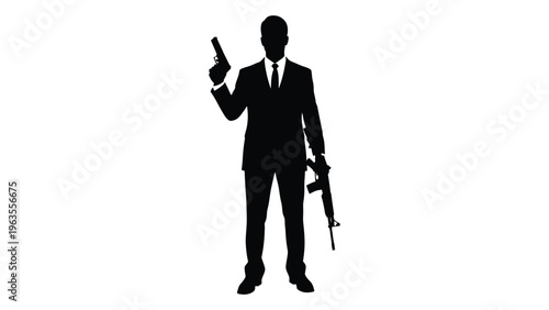 Silhouette of a man in a suit holding a gun and rifle
