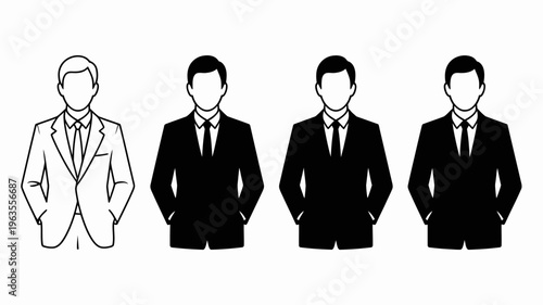 Four stylized illustrations depict suited businessmen progressively darkening in shade from left to right against a white background high quality professional detailed modern elegant stylish clean