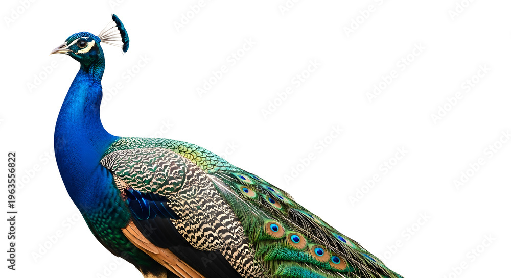 Obraz premium A vibrant peacock with stunning blue and green feathers isolated on transparent background