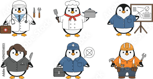 Cute Penguin Cartoon Vector Set Featuring Six Profession Characters Including Doctor, Chef, Teacher, Businessperson, Engineer, and Worker with Tools and Accessories Isolated on White Background