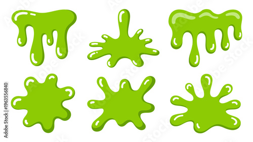 A collection of vibrant bright green slime splatters and blobs arranged in various organic dripping shapes against a white background high quality professional detailed modern elegant