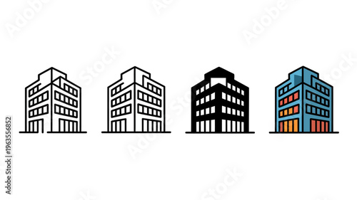 A linear depiction showcases four distinct building facades progressing from simple outlines to a fully colored modern structure high quality professional detailed elegant stylish clean crisp
