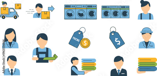 Laundry Service and Dry Cleaning Icon Set Featuring Delivery Washing Pricing and Customer Support Flat Vector Illustration Isolated on White Background