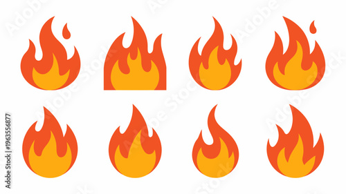 A collection of eight stylized fire icons is presented against a plain white background depicting varying flame shapes and sizes high quality professional detailed modern elegant