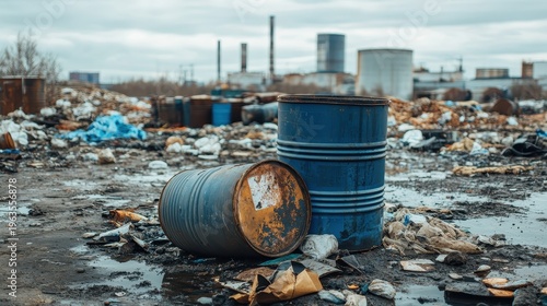 Industrial toxic waste barrels scattered in polluted factory background under overcast daylight