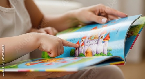 Child and adult reading a colorful illustrated book with a castle