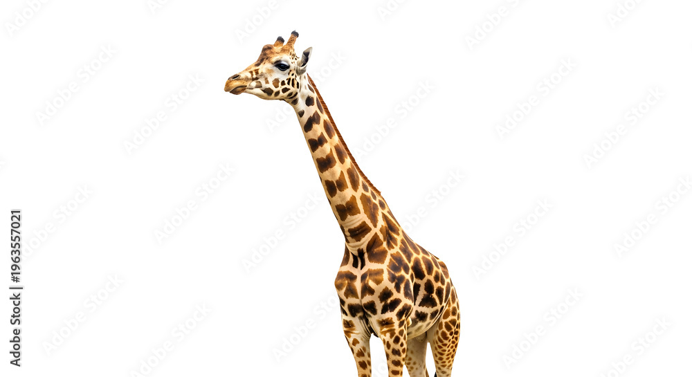 Obraz premium A giraffe standing isolated on transparent background looking to the left side