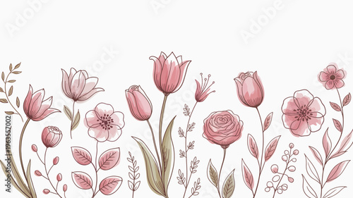 A delicate floral arrangement of pink and red blooms sketched in a whimsical style adorns the lower portion of a white background high quality professional detailed