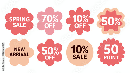 An assortment of colorful floral shaped sale and promotion labels displaying percentage discounts and new arrival announcements high quality professional detailed modern elegant stylish clean crisp