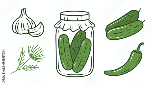 A colorful illustration depicts a jar filled with pickles alongside garlic a sprig of dill and a green chili pepper high quality professional detailed modern elegant