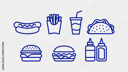 A minimalist illustration showcases various fast food items including a hotdog fries soda taco burgers and sauce bottles high quality professional detailed modern elegant stylish clean