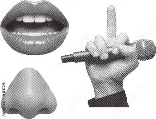 Microphone in Hand with Lips and Nose Halftone Set, Singing Voice Black and White Cutouts