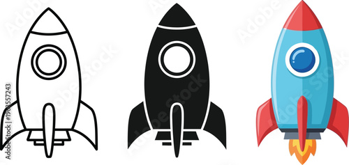Three cartoon rockets in different colors and styles