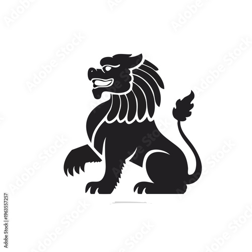 Black heraldic lion silhouette standing rampant in minimalist vector style illustration.chinese background