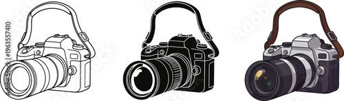Collection of three detailed vector graphic illustrations of a professional slr camera featuring line art silhouette and color versions on white background