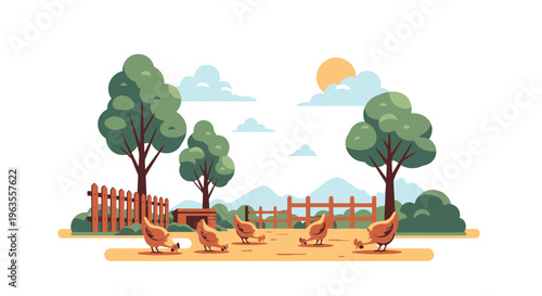 A group of chickens foraging for food on a farm.