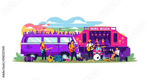 A vibrant illustration of a band performing live music outdoors with a purple van and a pink stage truck.