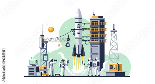 Astronauts and engineers prepare a rocket for launch at a space center.