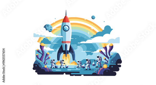 Astronauts and rocket preparing for space launch with rainbow.