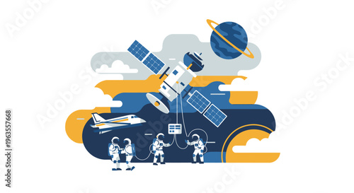 Astronauts and space exploration with satellite and planets.