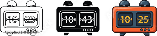Collection of retro style flip clocks or digital timers showing different time notations representing schedule and measurement on white background