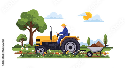 Farmer driving a yellow tractor in a field.