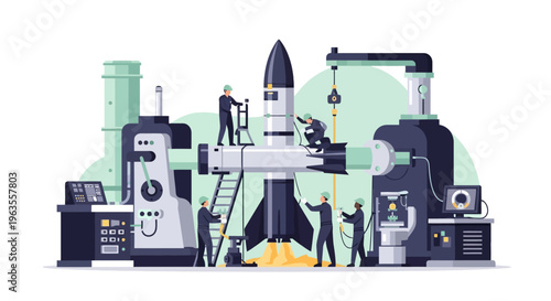 Engineers assembling a rocket in a high-tech laboratory.