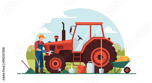 Farmer standing next to a red tractor in a field.