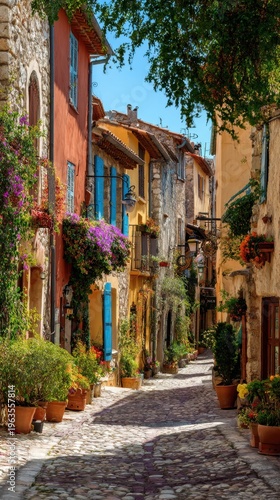 Charming narrow cobblestone street lined with vibrant houses, blooming flowers and shutters in sunny Mediterranean village setting.
