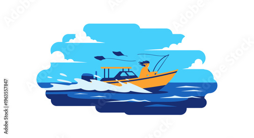 Fisherman on a boat in the open sea.