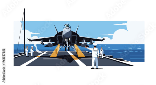 Fighter jet preparing for takeoff on an aircraft carrier deck.