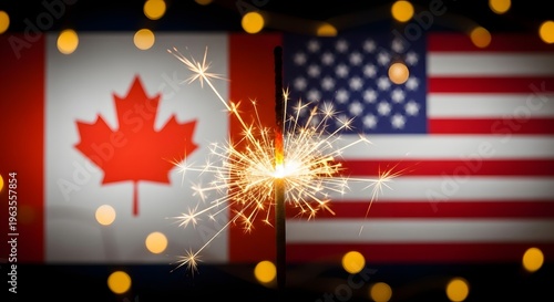 Canada and usa flags with sparkler on 4th of july and canada day