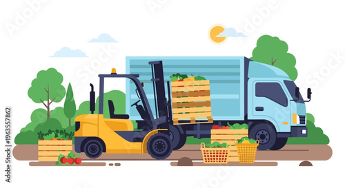 Forklift loading fresh produce onto a delivery truck for transport.