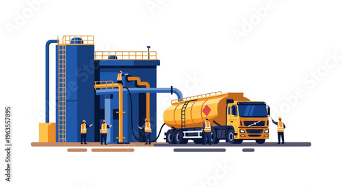 Fuel tanker truck loading at industrial oil refinery plant.