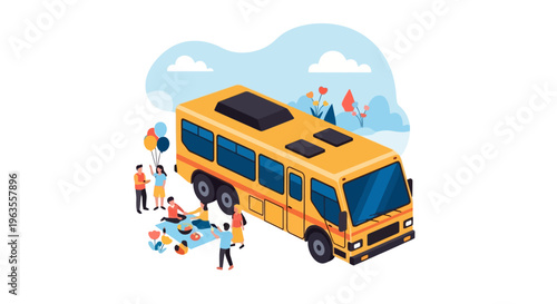 Isometric illustration of a yellow school bus with small people around it.