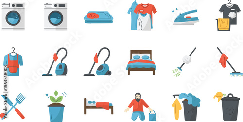 House Cleaning and Laundry Service Icon Set Featuring Washing Vacuuming Ironing and Home Maintenance Flat Vector Illustration Isolated on White Background