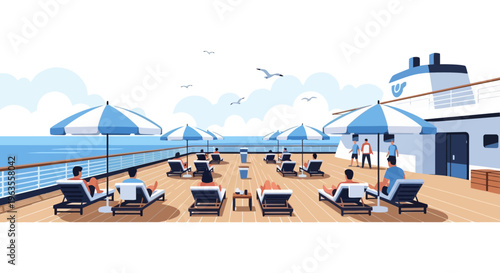 People relaxing on lounge chairs under umbrellas on a cruise ship deck.