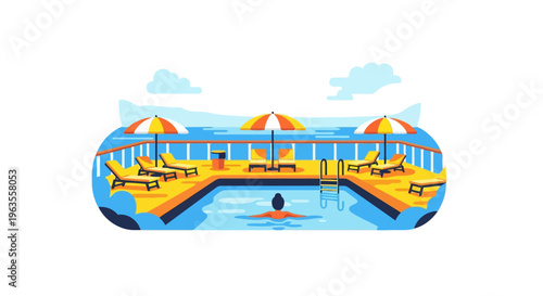 Person swimming in a resort pool with lounge chairs and umbrellas.