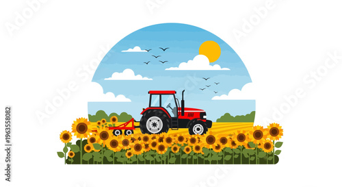 Red Tractor Plowing Sunflower Field Under Sunny Sky.