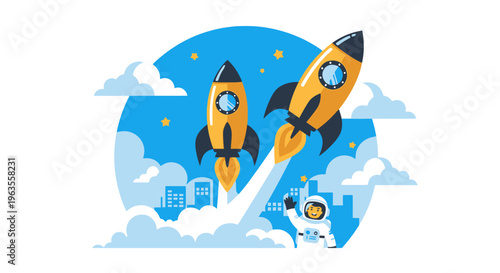 Two rockets launching into the sky with an astronaut waving.