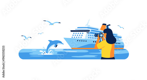 Woman photographing a dolphin jumping near a cruise ship.