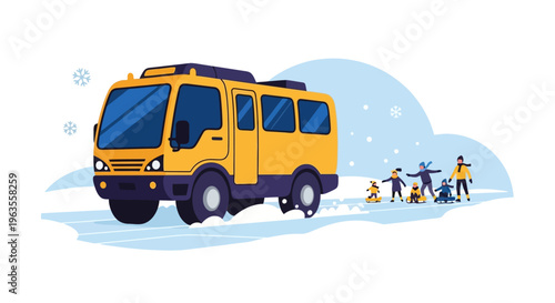 Yellow school bus transporting children in a winter landscape.